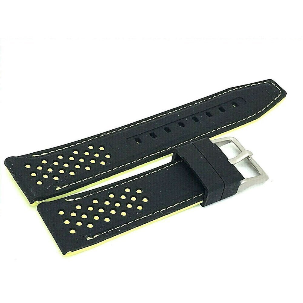 Mens Watch Band Replacement Black Yellow Rubber Strap 22mm Lug Silver Bu